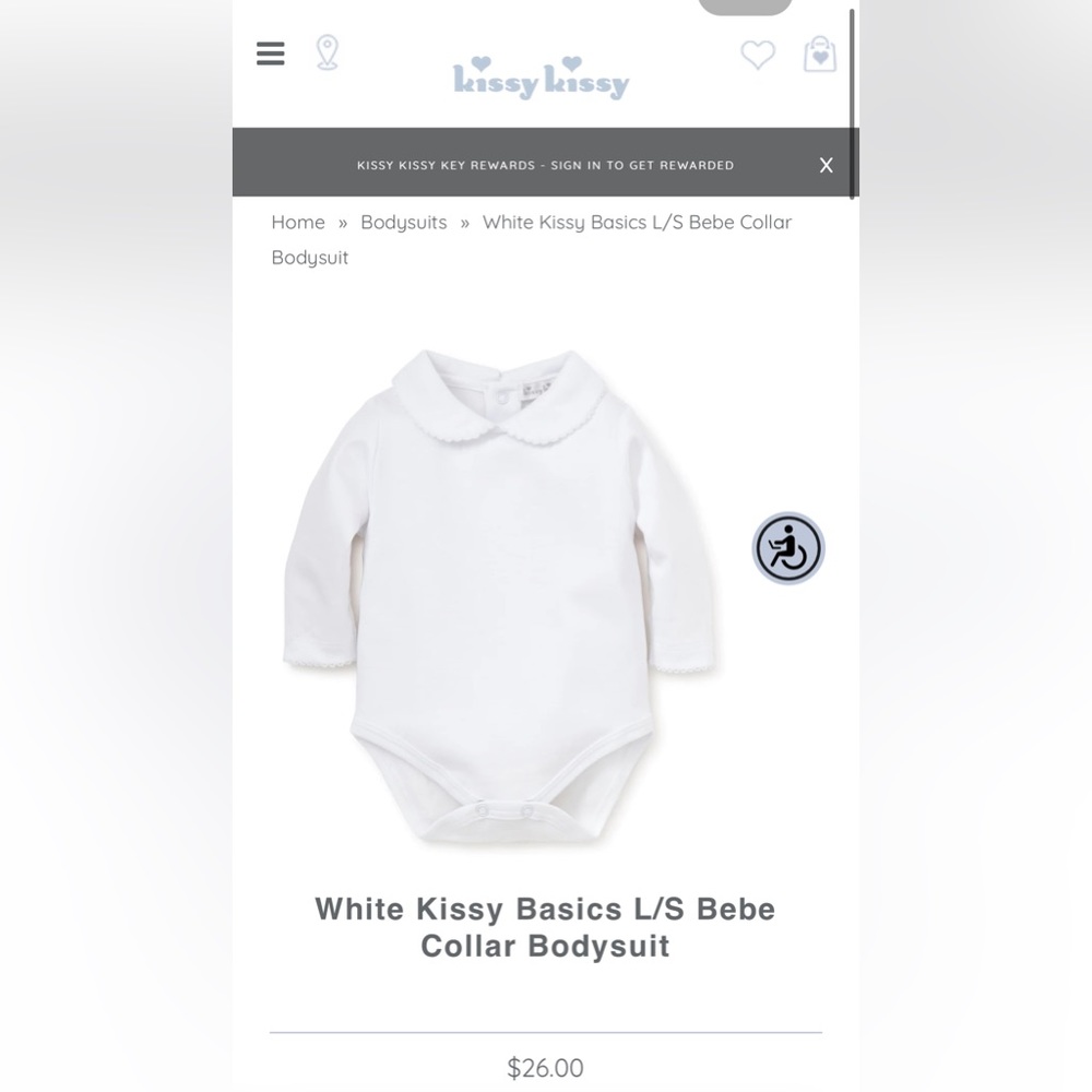 Kissy Kissy long sleeve white bodysuit with peter pan collar, size 3-6 months